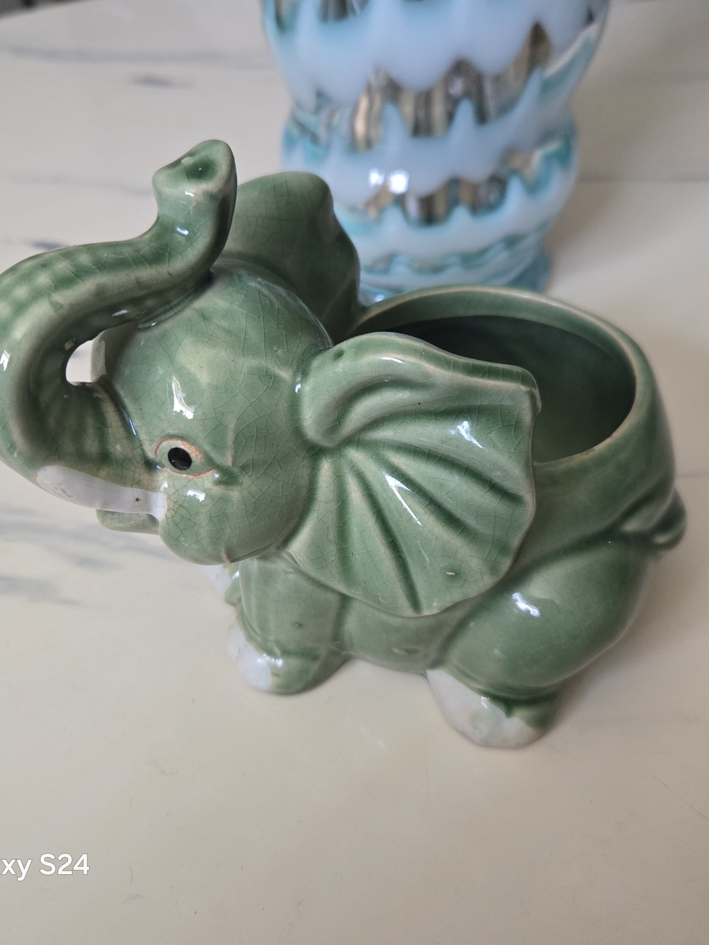 Source Unknown Green Ceramic Elephant Planter